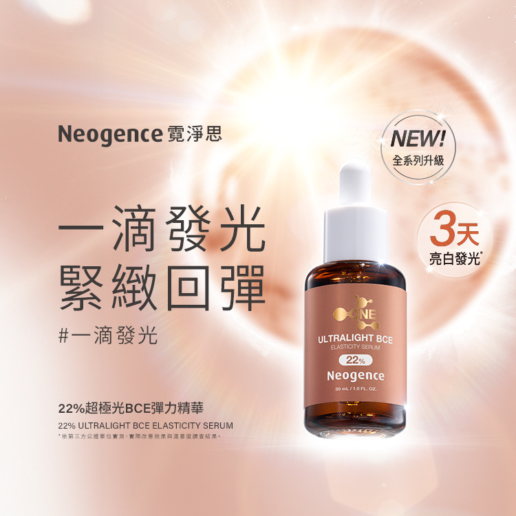 Neogence 霓淨思 Formula One 系列「22%超極光BCE彈力精華(22% ULTRALIGHT BCE ELASTICITY SERUM)」主視覺。主打標語為「一滴發光,緊緻回彈」,並特別標註特色「#一滴發光」與「3天亮白發光*」。右上角帶有「NEW! 全系列升級」標章,底部標明規格為 30 mL / 1.0 FL. OZ.,並附註依第三方公正單位實測、實際改善效果與滿意度調查結果。