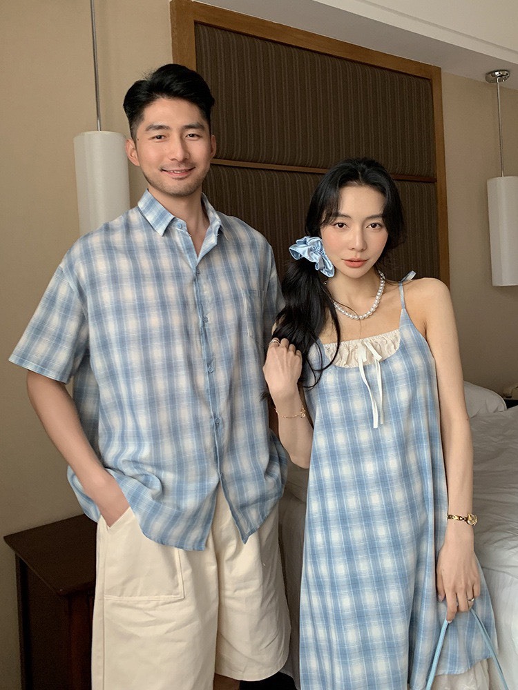 藍格紋拼接蕾絲吊帶洋裝|大人款