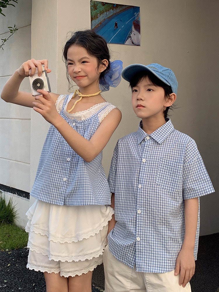 細格紋蕾絲假兩件背心