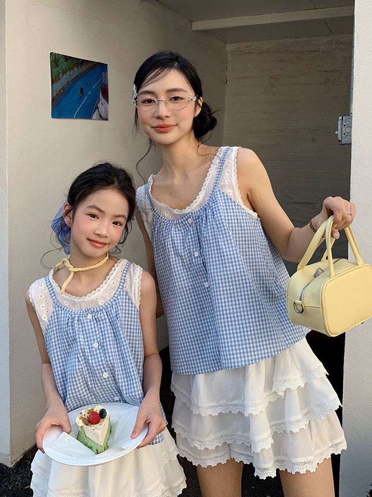 細格紋蕾絲假兩件背心