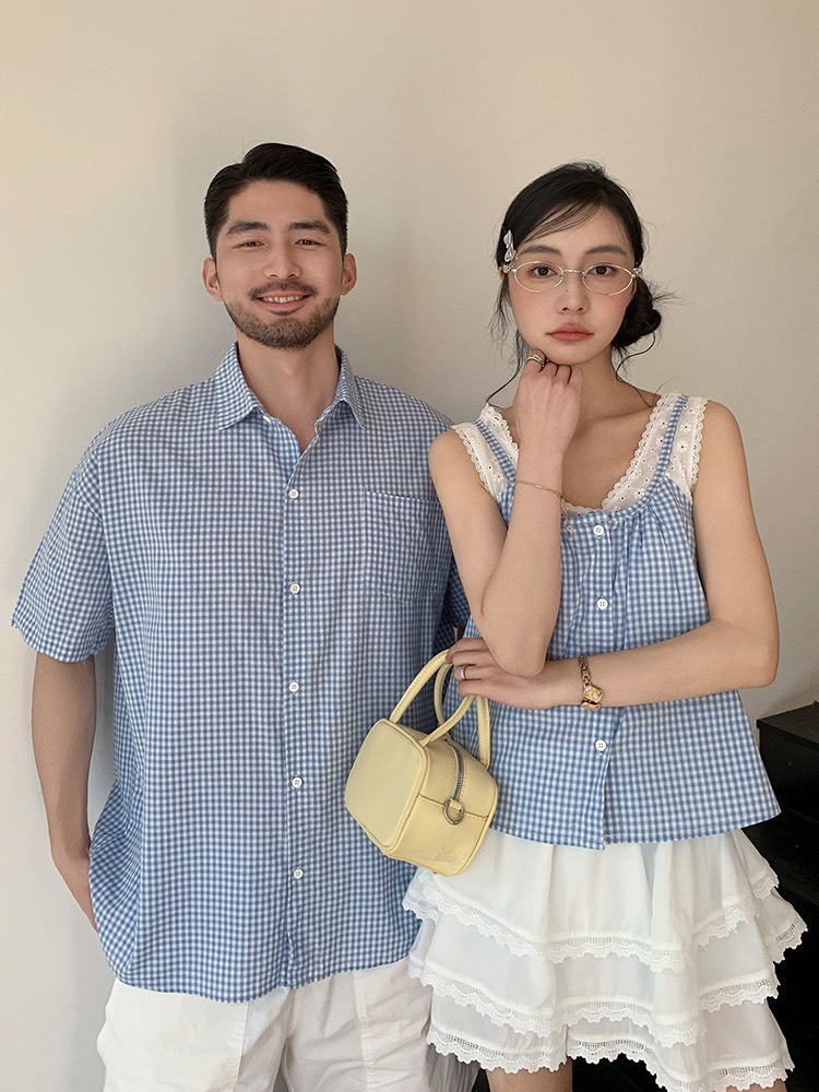 細格紋蕾絲假兩件背心|大人款