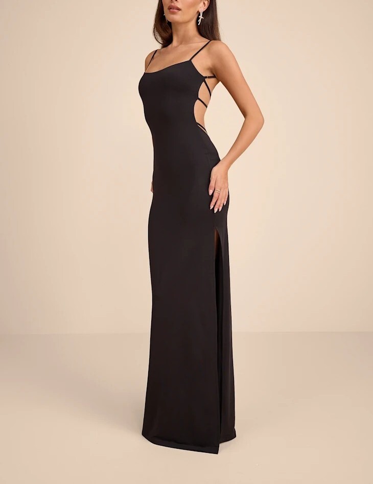 Black黑色露背strappy線條針織滑面Maxi Dress