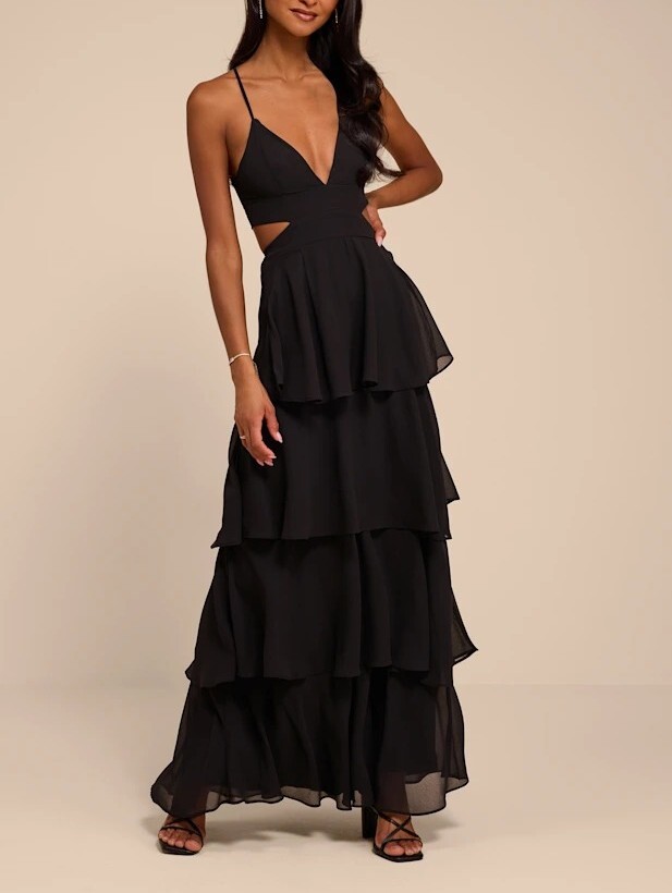 Summer Breeze黑色荷葉露背綁帶Chiffon Dress