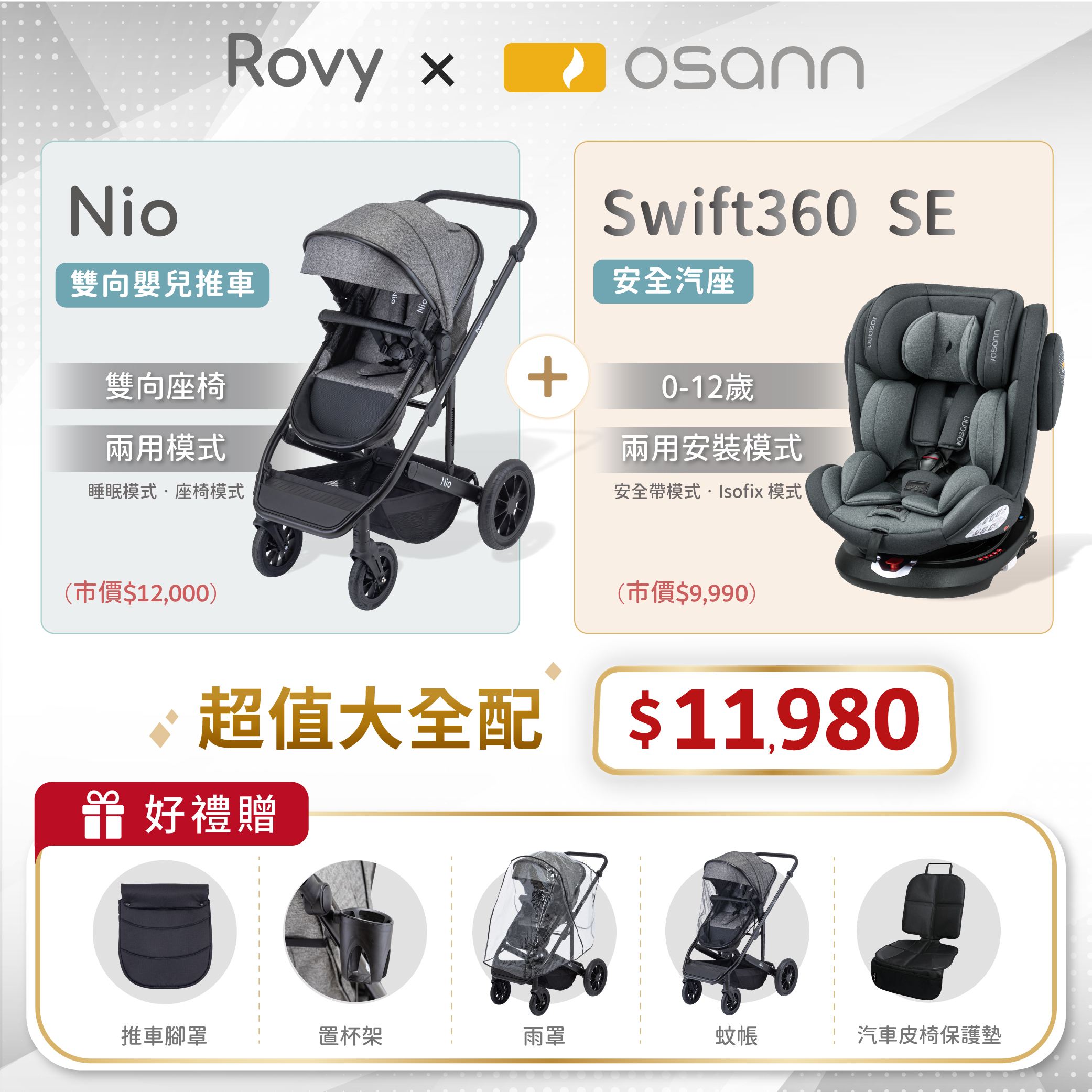Nio雙向嬰兒推車+Swift360 SE安全汽座(1+1超值大全配)