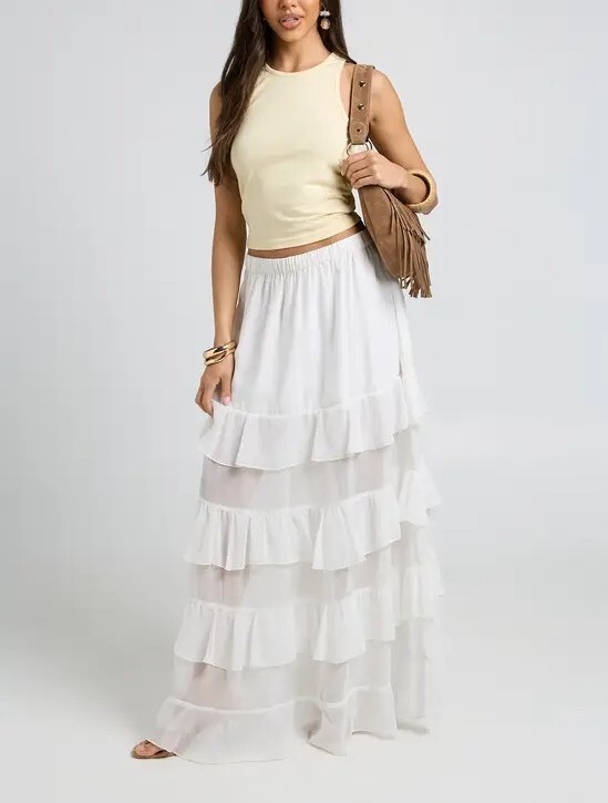 White Love白色雪紡紗層次荷葉Maxi Skirt