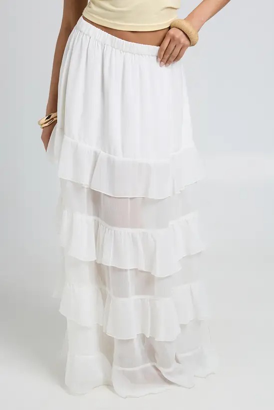 White Love白色雪紡紗層次荷葉Maxi Skirt
