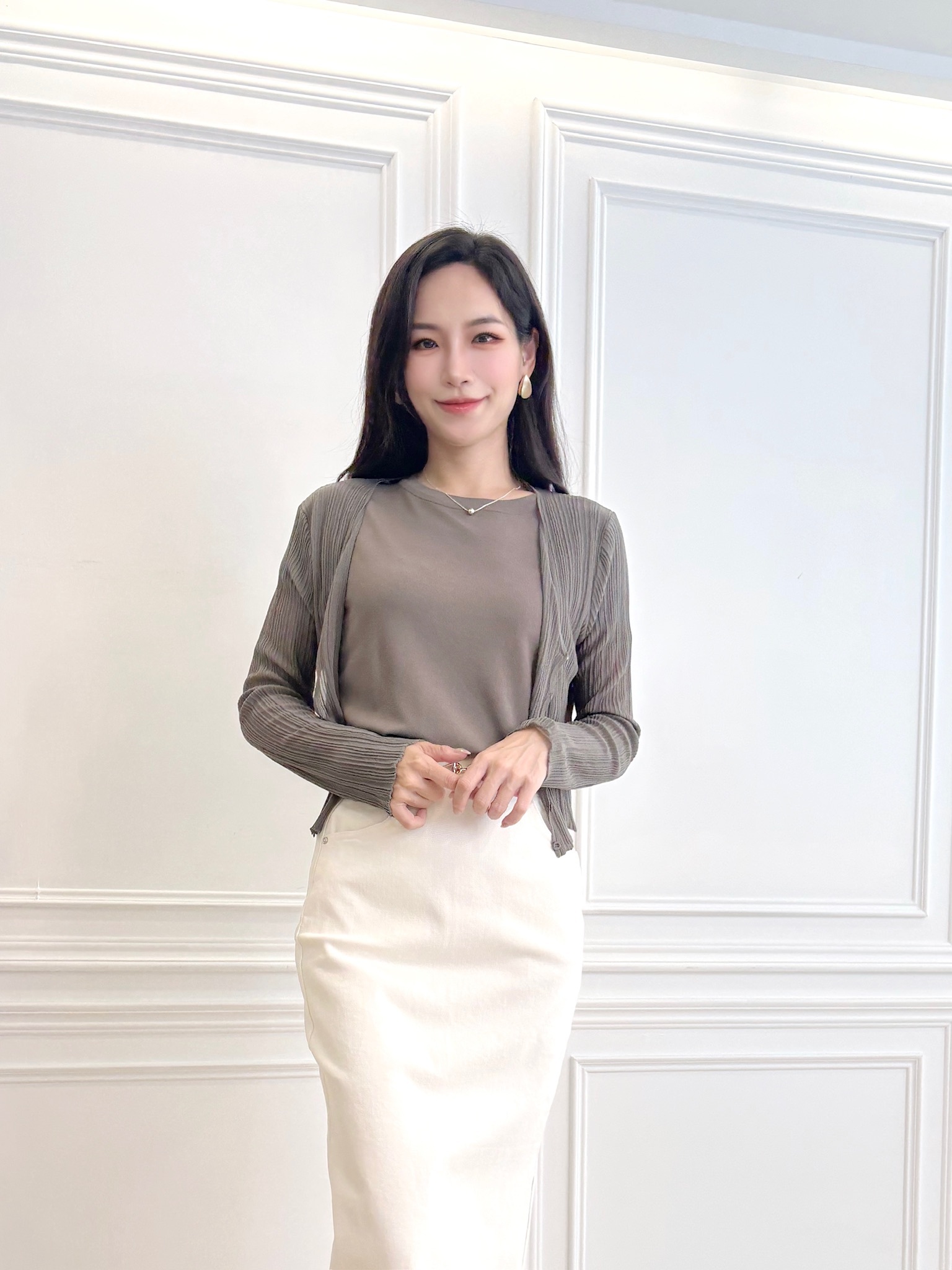 輕薄坑條長袖針織外套