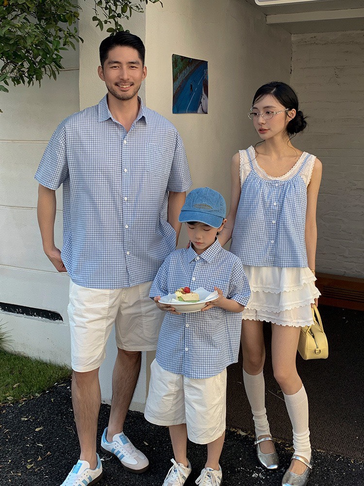 藍細格紋短袖襯衫|大人款
