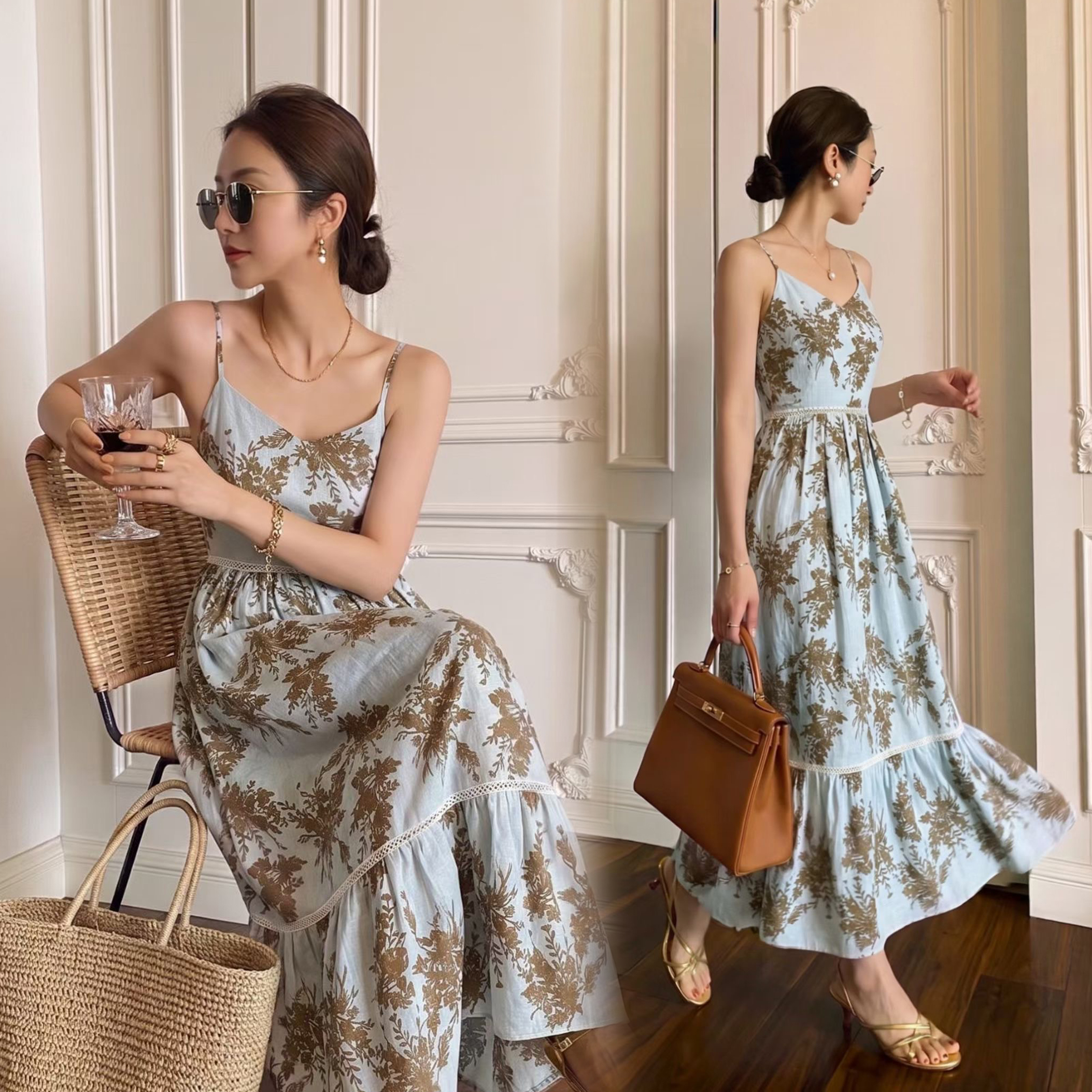 藍綠配色葉片圖騰細肩帶長洋裝-S-L (Elegant & Love)