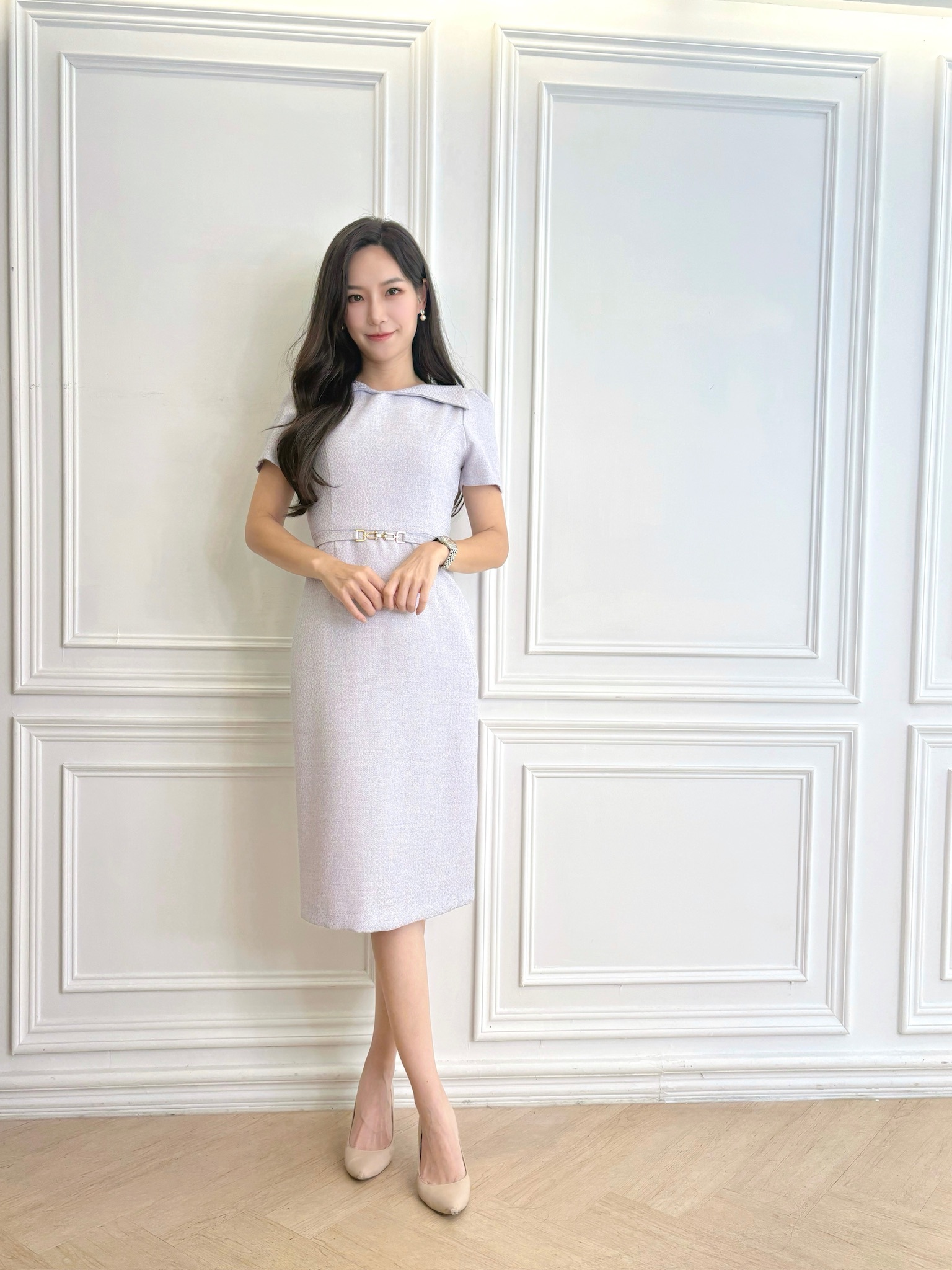 大翻領金鏈條短袖織紋洋裝