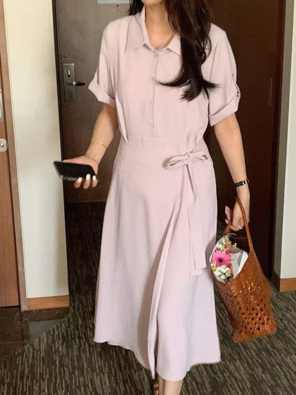 MN6340 蝴蝶仿開頁翻領半排扣連身裙