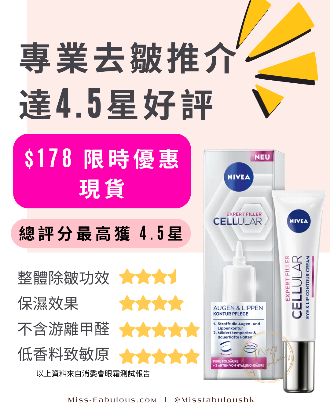 Nivea 消委會眼霜 專業去皺推介 達4.5星好評