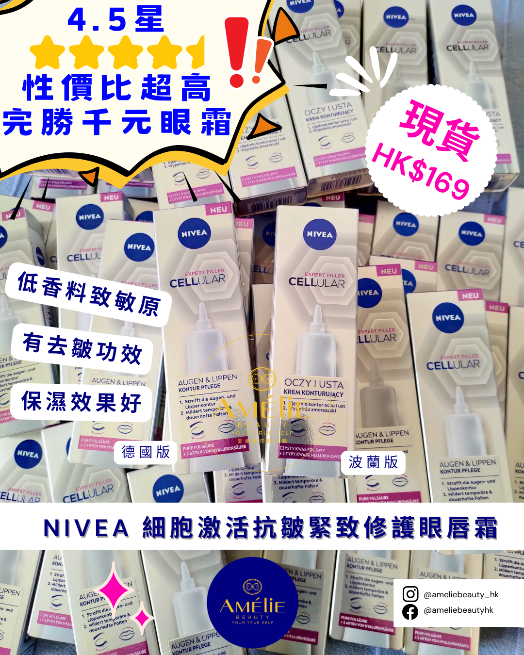 NIVEA細胞激活抗皺緊致修護眼唇霜包裝，主打保濕功效與透明質酸成分，提供德國版與波蘭版。紙盒內含管狀眼霜，質地溫和低香料致敏原，適合眼周及唇部肌膚修護。