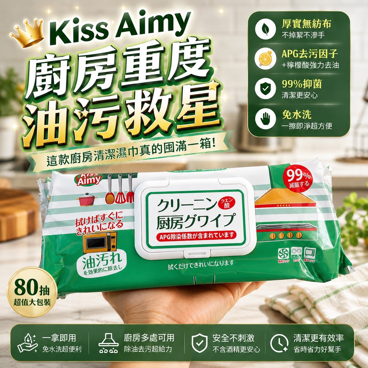 台灣Kiss Aimy 廚房重度油污救星 清潔濕巾80抽 (1組2包*)