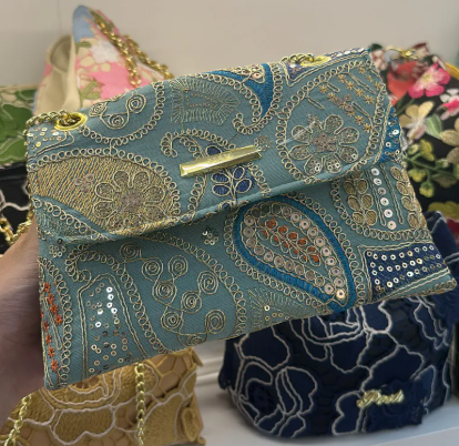 0625HB12-THAILAND-HANDBAGS-湖水綠民族閃片刺繡袋（A12）