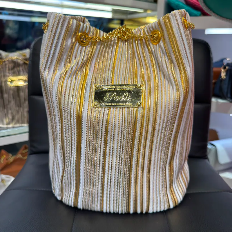 0625HB28-THAILAND-HANDBAGS-奢華白金條紋水桶袋（A28）