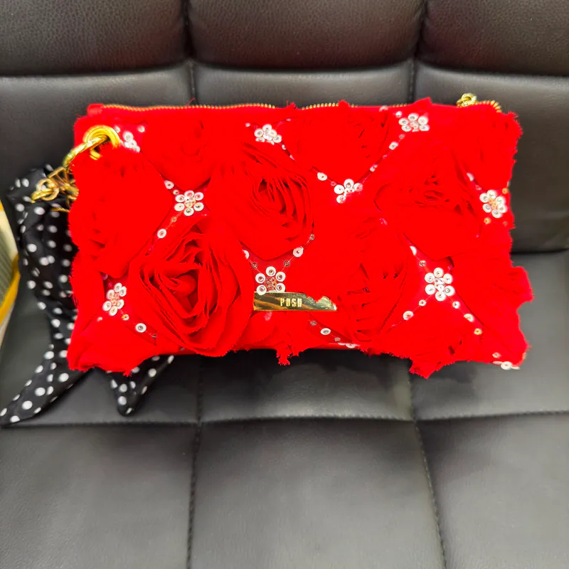 0625HB45-THAILAND-HANDBAGS-大紅玫瑰閃片長方形袋（A45）