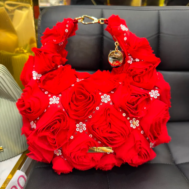 0625HB46-THAILAND-HANDBAGS-大紅玫瑰閃片餃子包（A46）