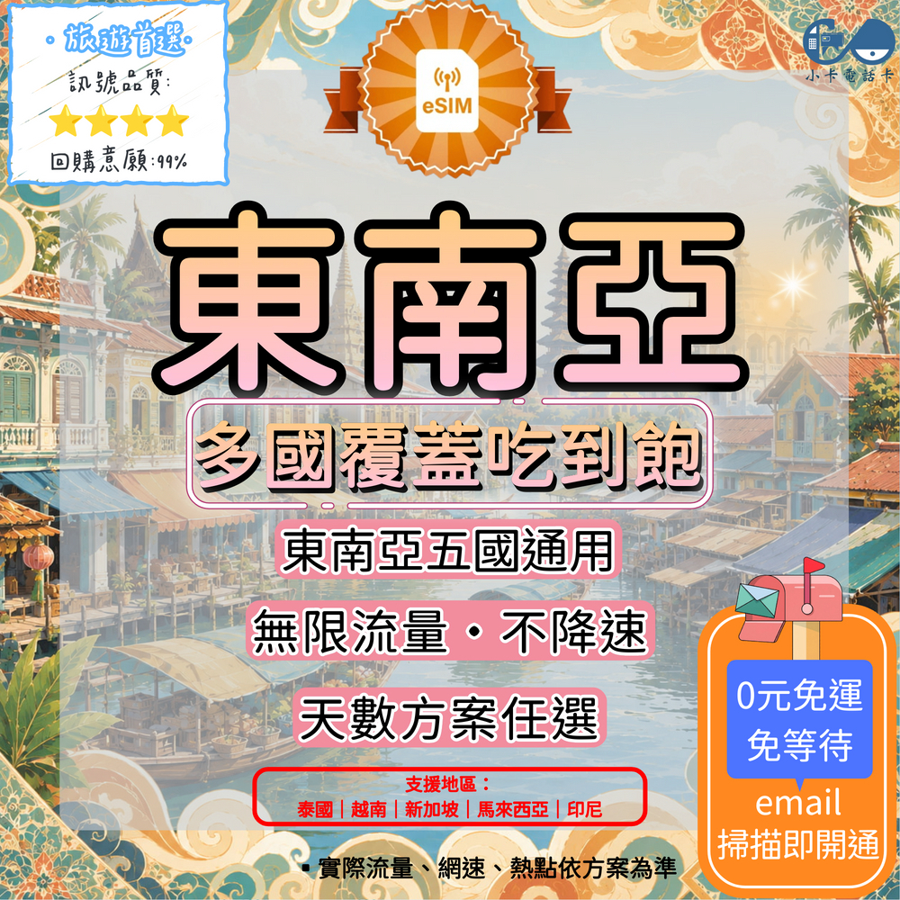 【eSIM】東南亞五國通用網卡全系列｜泰越新馬印〈快速啟用、免運即時開通、天數客制化〉