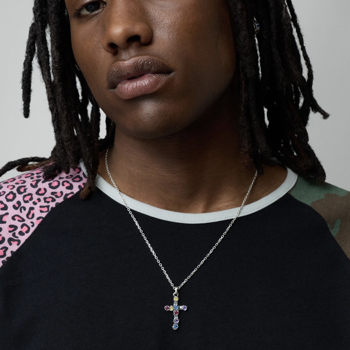 Twojeys-Multicolor Stone Cross Necklace 925銀彩色寶石十字架項鍊