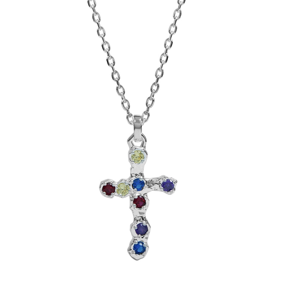 Twojeys-Multicolor Stone Cross Necklace 925銀彩色寶石十字架項鍊