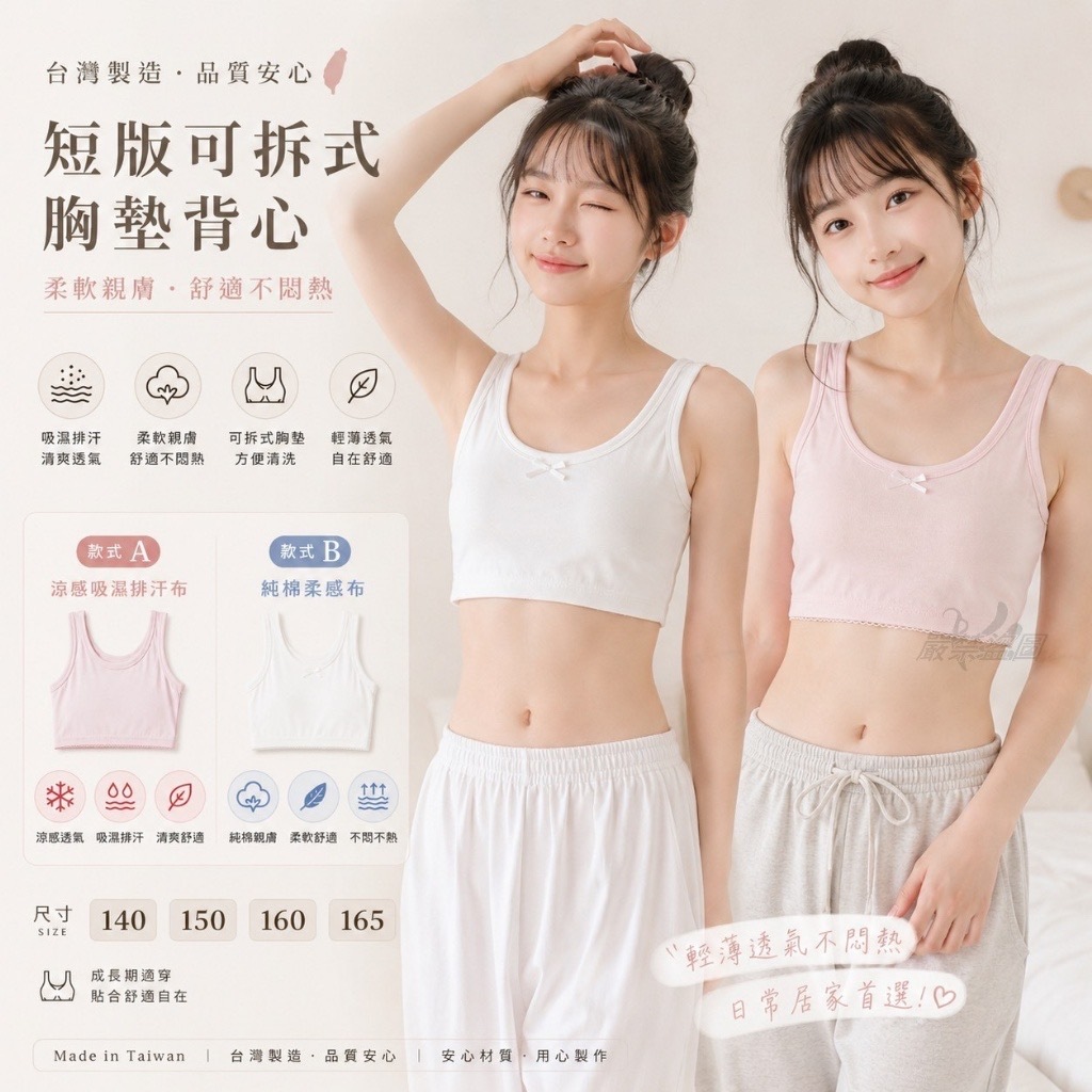 台灣製女童短版可拆式胸墊背心系列 GI01113 同色一組2件