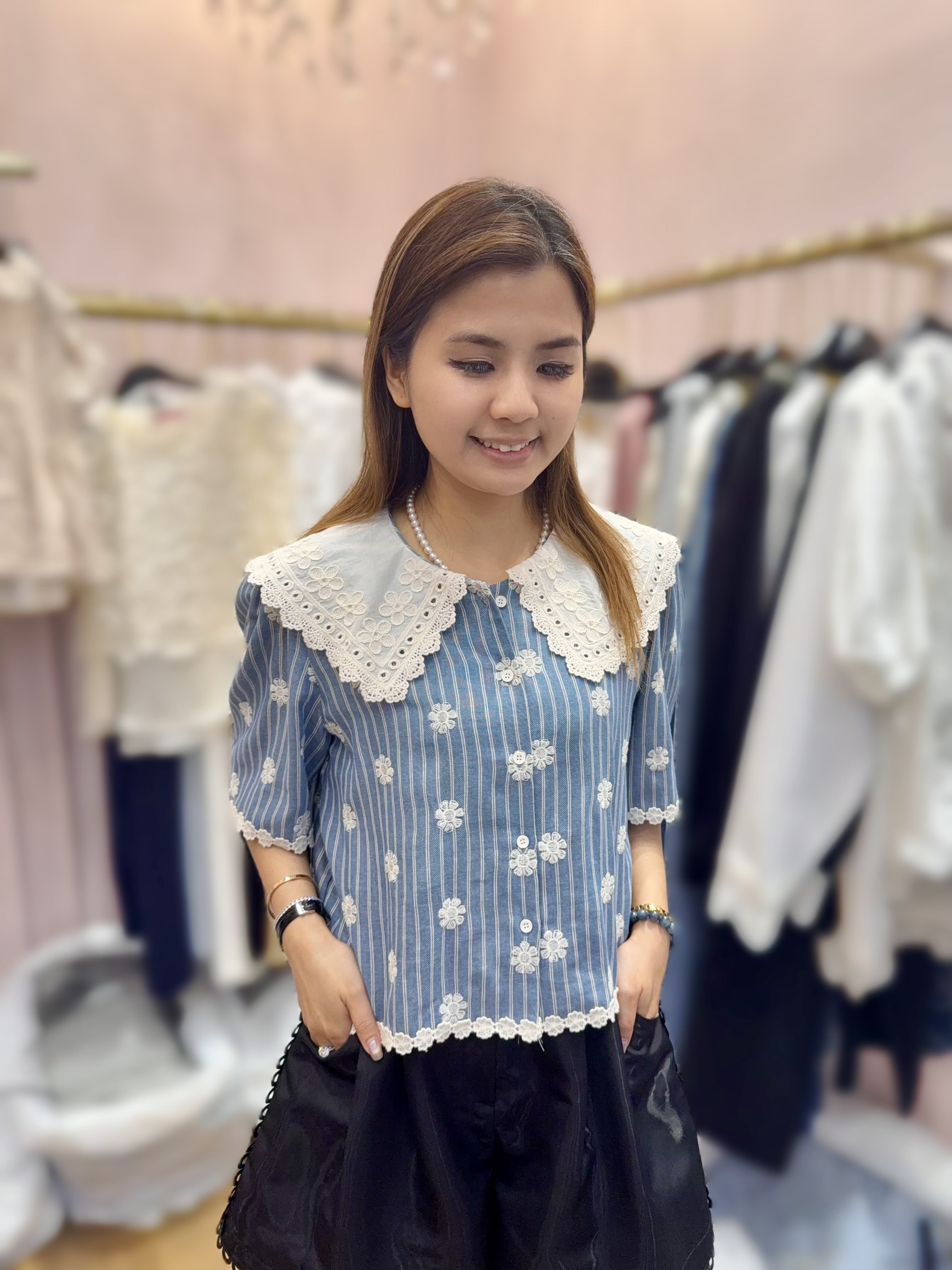 限量]OT108   LACE條子上衣  胸41 長18 $449