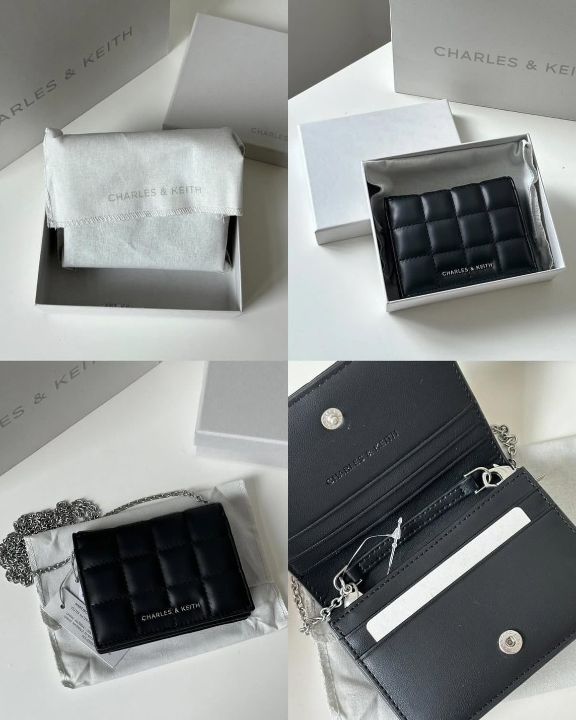 CHARLES & KEITH 小ck 方形 格紋 鍊條 錢包 黑色