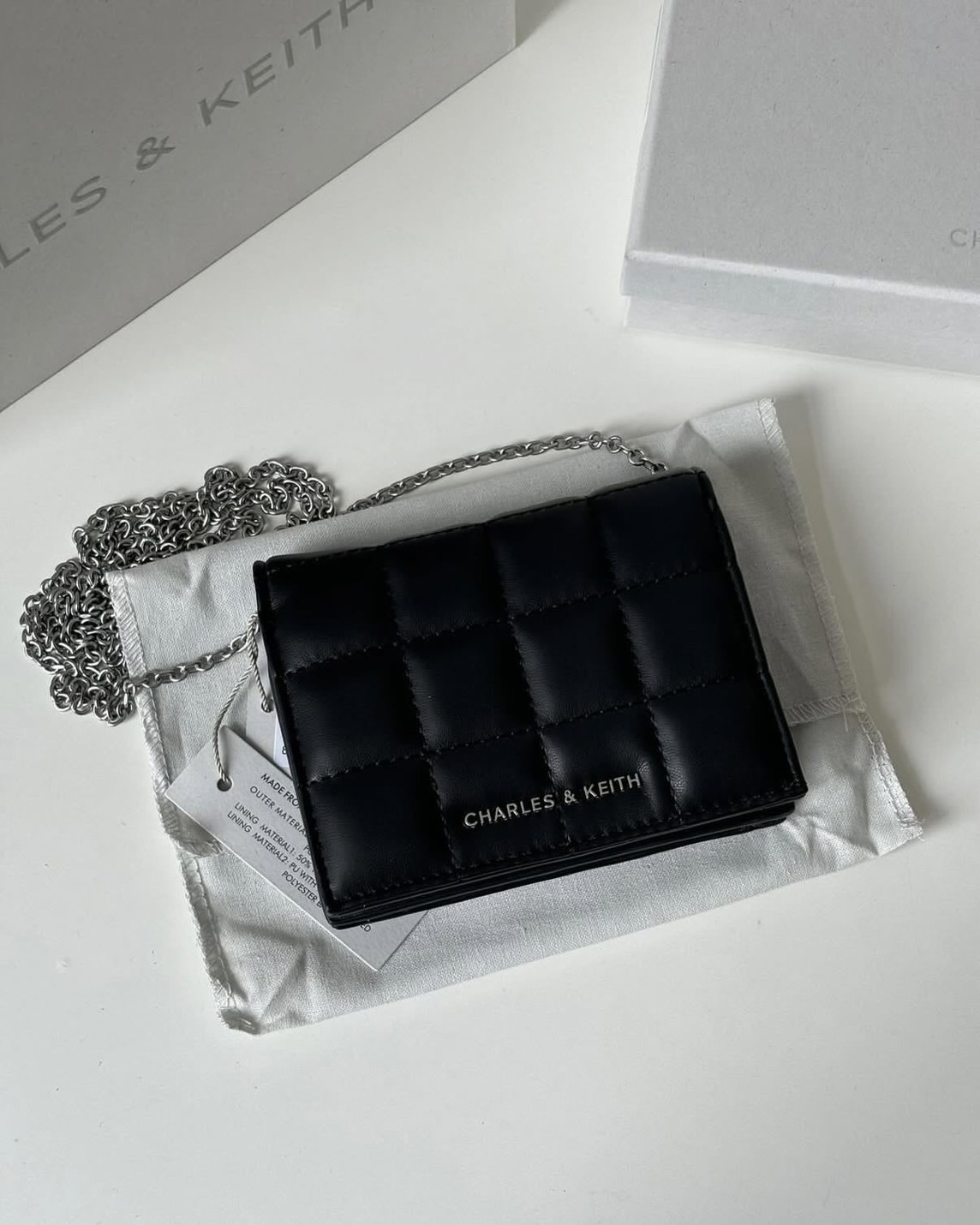 CHARLES & KEITH 小ck 方形 格紋 鍊條 錢包 黑色
