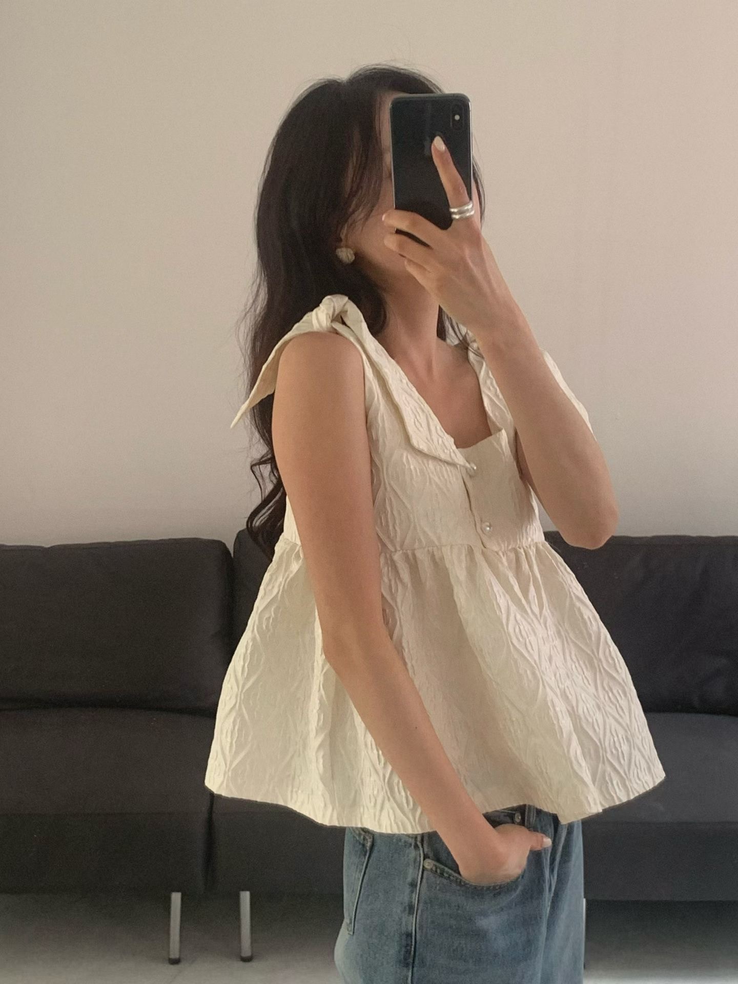 綁結肩帶花紋路背心