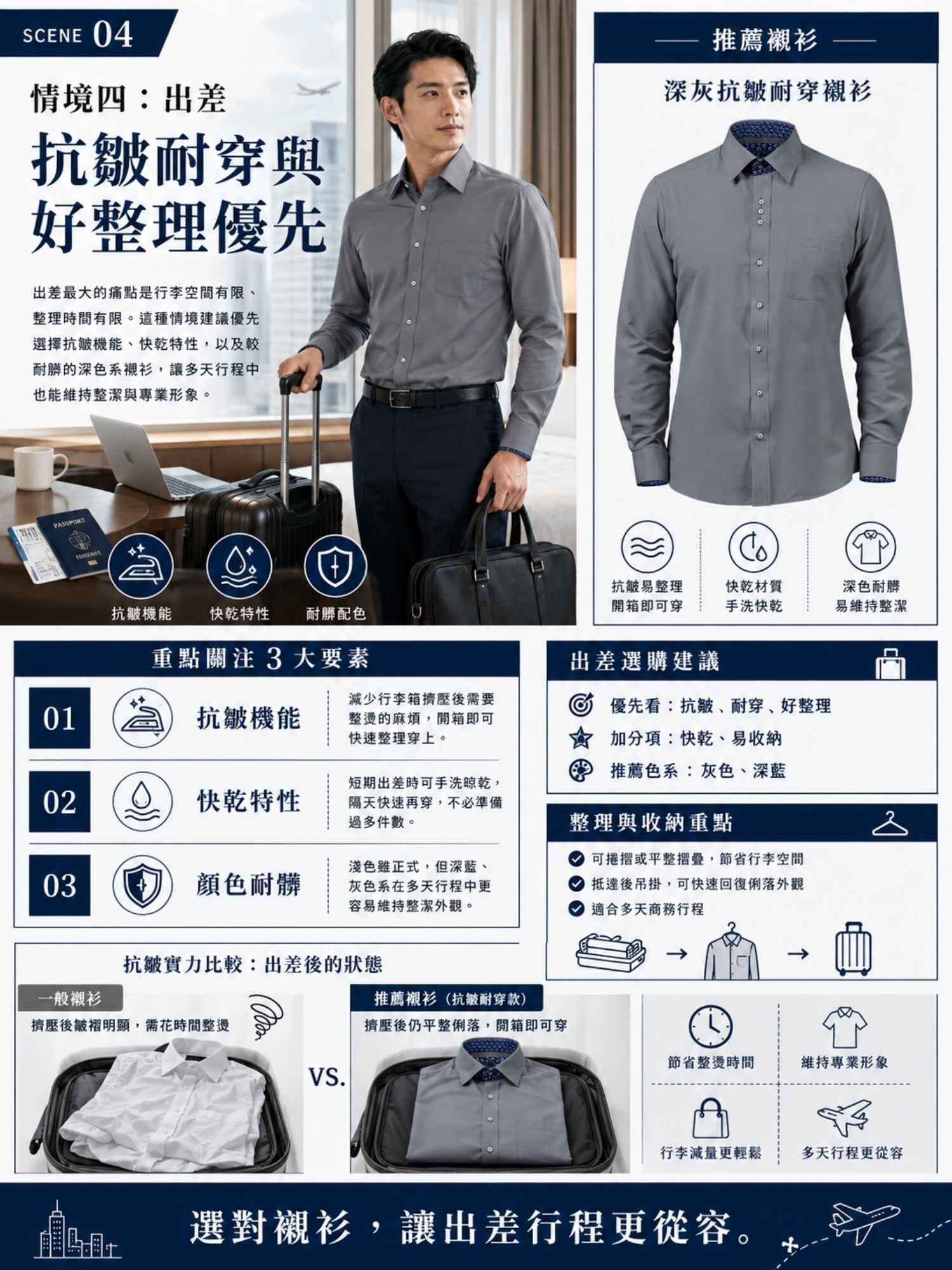 短袖襯衫穿著情境四:出差——抗皺耐穿與好整理是選購短袖襯衫的優先要素