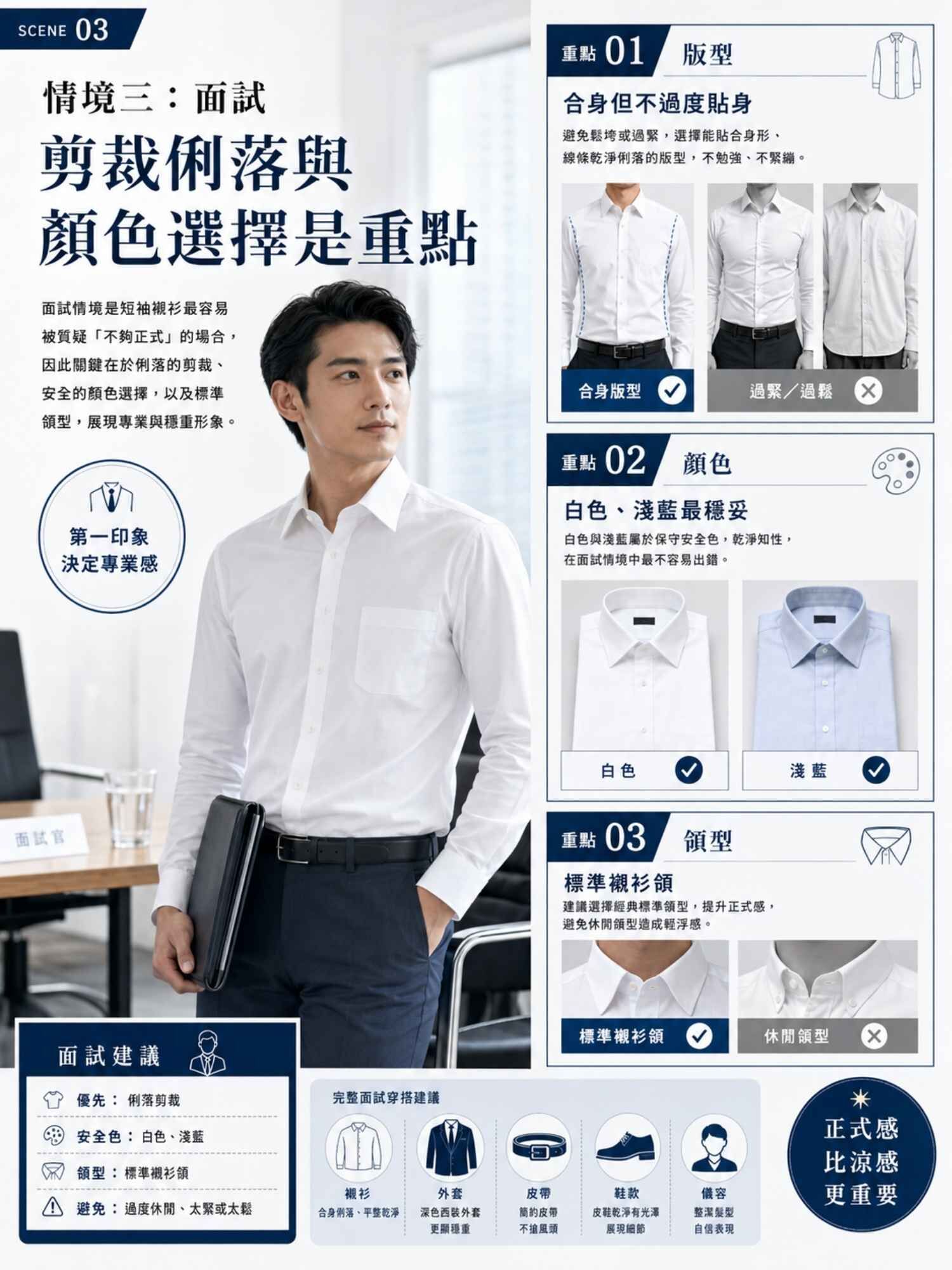 短袖襯衫穿著情境三:面試——剪裁俐落與顏色選擇是重點