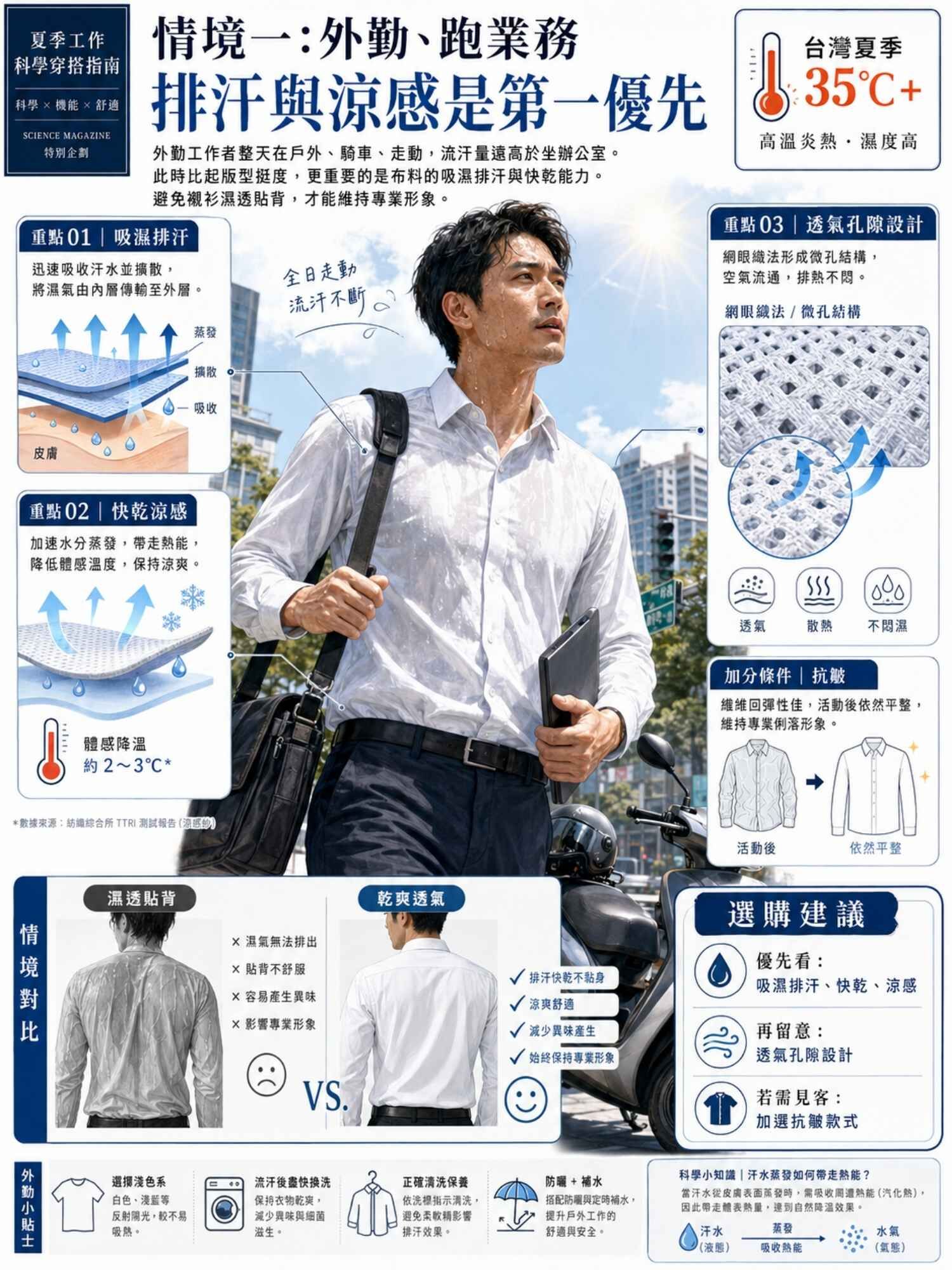 ˇ挽袖襯衫穿著情境一：外勤、跑業務——排汗與涼感是短袖襯衫第一優先