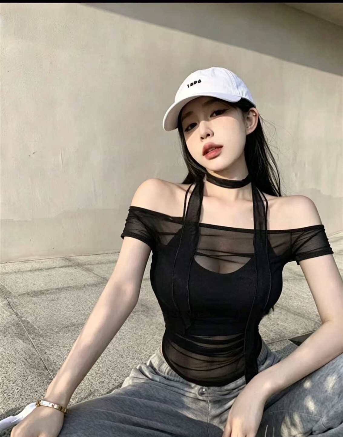掛脖透紗T