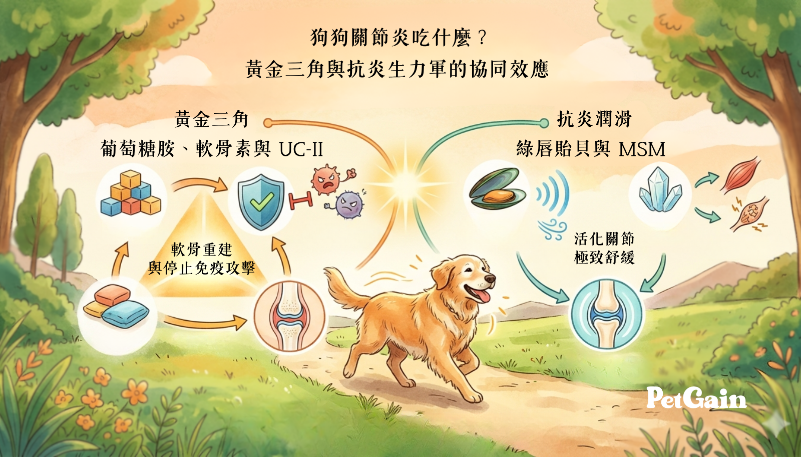 狗狗關節炎吃什麼:葡萄糖胺、軟骨素與 UC-II(人稱黃金三角)、綠唇貽貝與 MSM