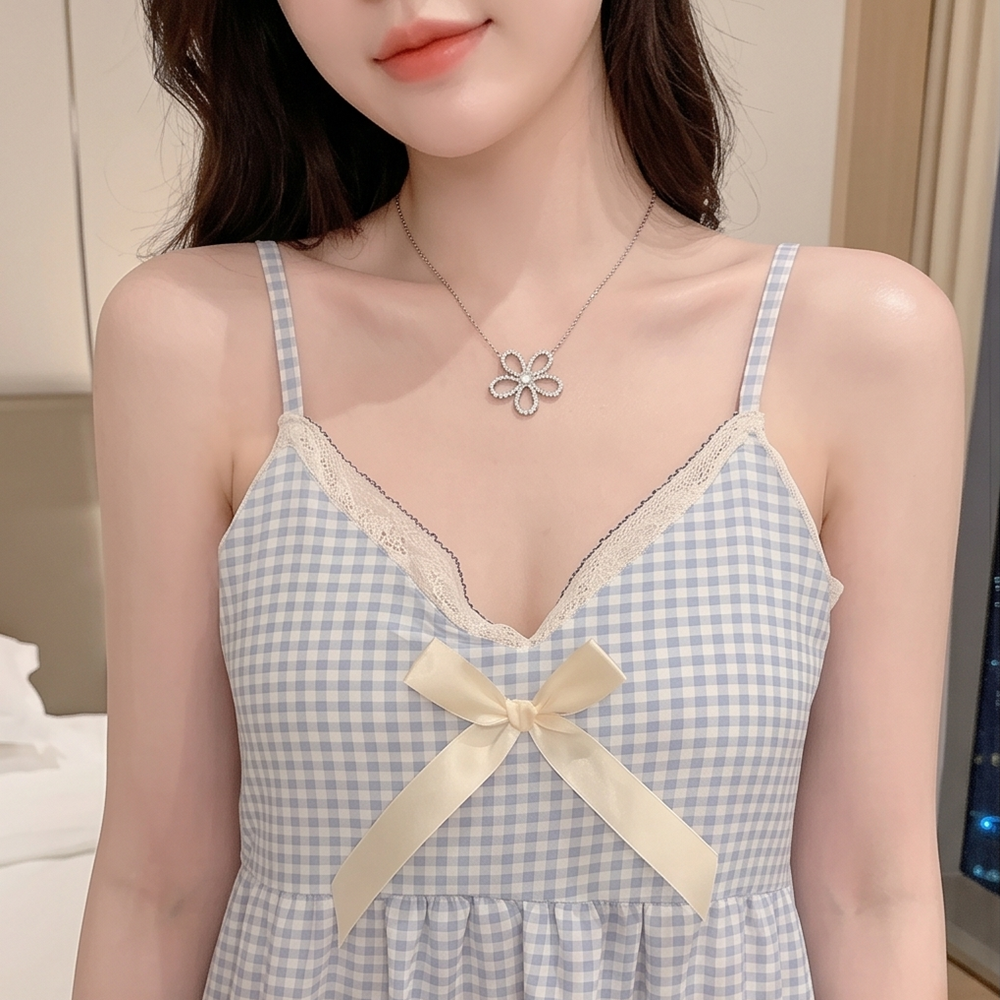 【可愛藍格】蕾絲滾邊細肩帶睡裙