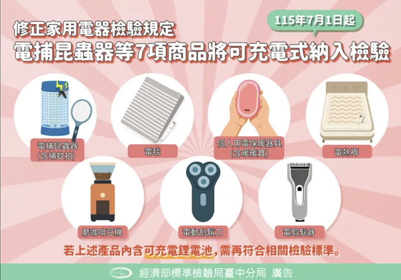 標準檢驗局公告自7月1日起強制列檢的7種充電式家用電器官方明細圖卡