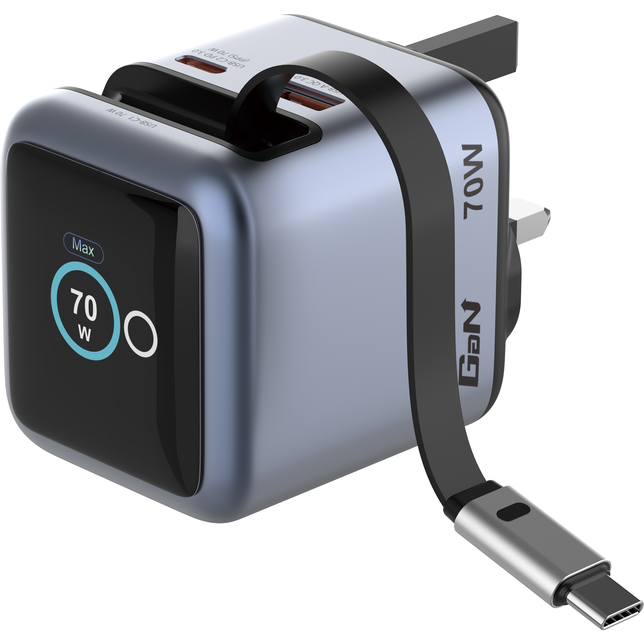 70W Mini GaN Charger with Retractable Cable and Display