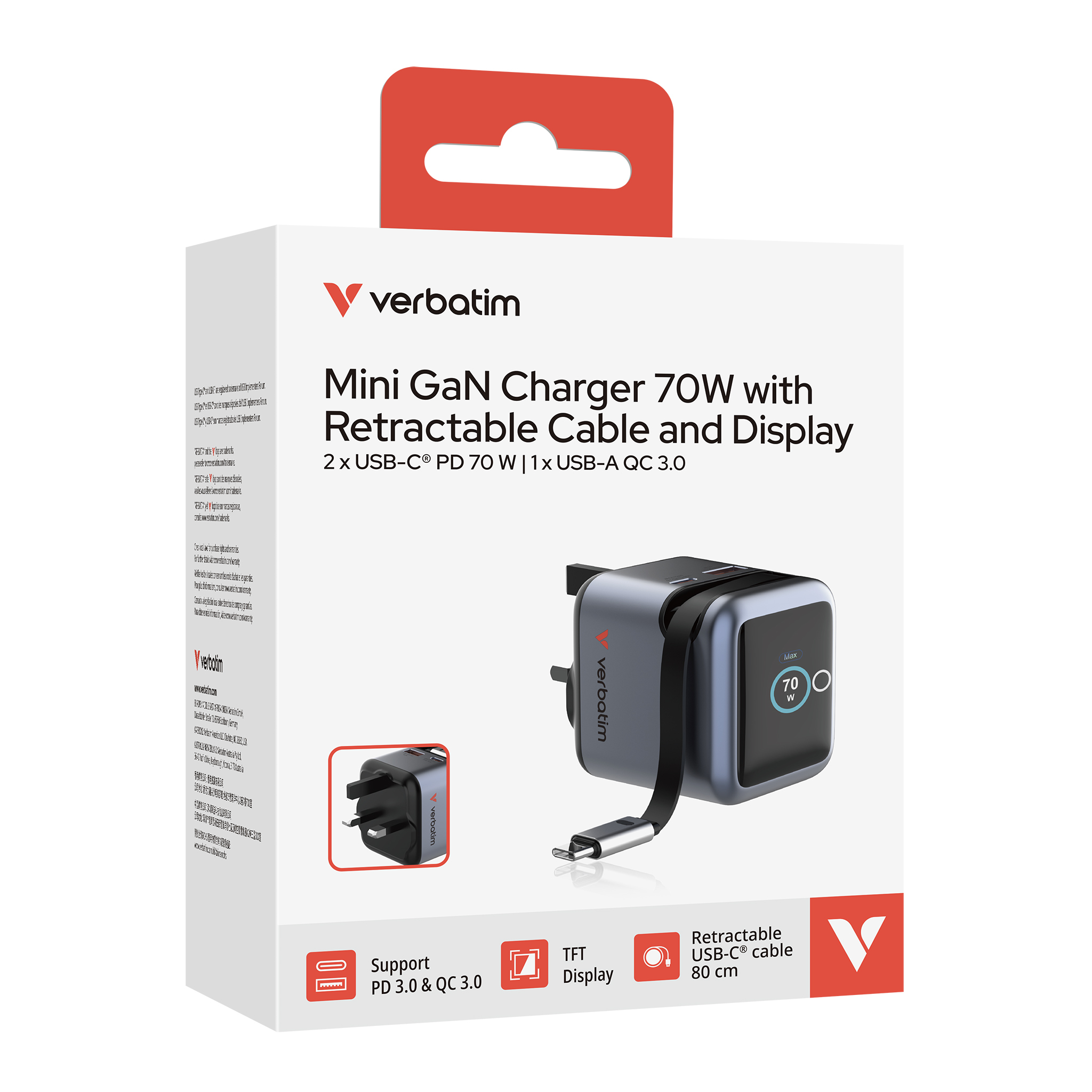 70W Mini GaN Charger with Retractable Cable and Display