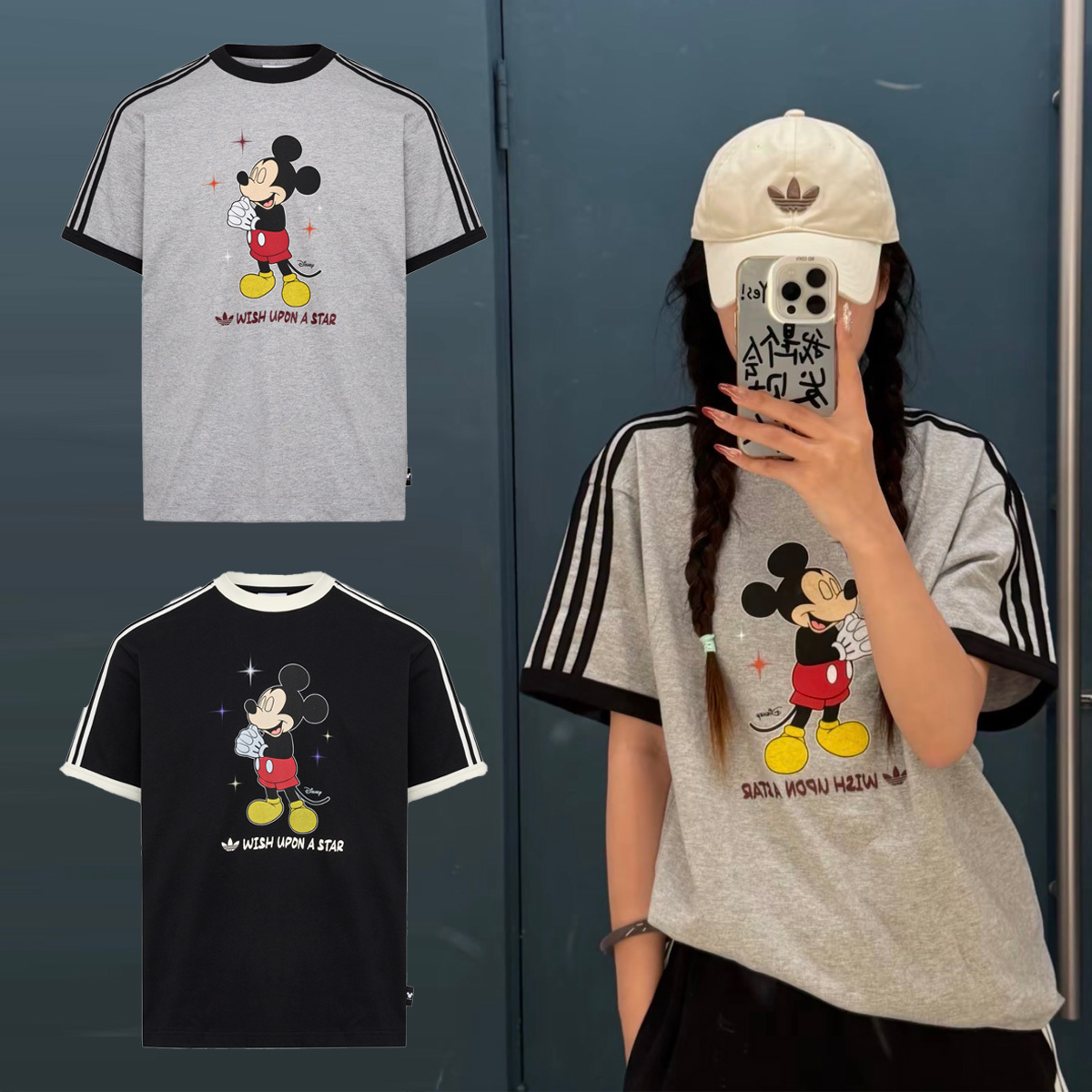 男女款 ADIDAS X DISNEY MICKEY WISH TEE 黑 灰 米老鼠 米奇 迪士尼 聯名款 許願 印花 寬鬆 三葉草 短T【KT7774/KT7775】ADLP
