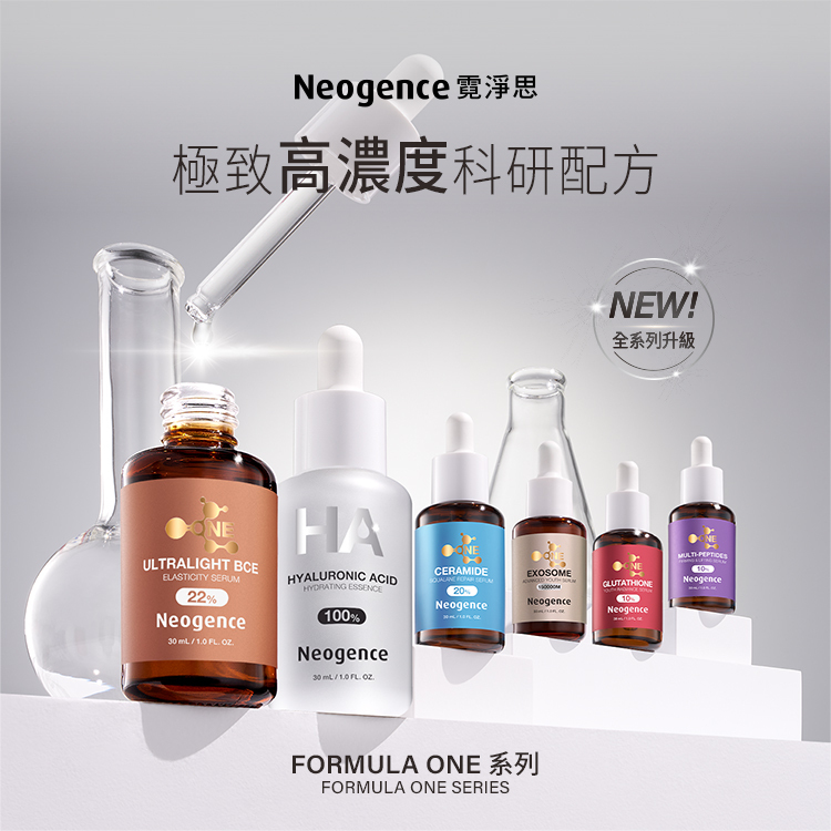 Neogence 霓淨思極致高濃度科研配方系列。畫面展示「NEW! 全系列升級」標章,並在實驗室燒杯與試管的簡潔背景前,並列展出五款高效精華滴管與原液瓶身: 22%超極光BCE彈力精華(ULTRALIGHT BCE ELASTICITY SERUM 22%)。 100% 玻尿酸保濕原液(HYALURONIC ACID HYDRATING ESSENCE 100%)。 20%神經醯胺角鯊修護精華(CERAMIDE SQUALANE REPAIR SERUM 20%)。 1500億超未來外泌體精華(EXOSOME ADVANCED YOUTH SERUM)。 10%多勝肽三波緊緻精華(MULTI-PEPTIDES FIRMING & LIFTING SERUM 10%)。 底部標註為 FORMULA ONE 系列(FORMULA ONE SERIES)。