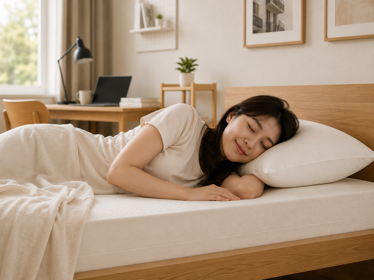 森好眠學生宿舍醫療級乳膠床墊主視覺：大一新生在宿舍床上安穩入睡、神情放鬆，呈現離家也能一夜好眠的舒適情境