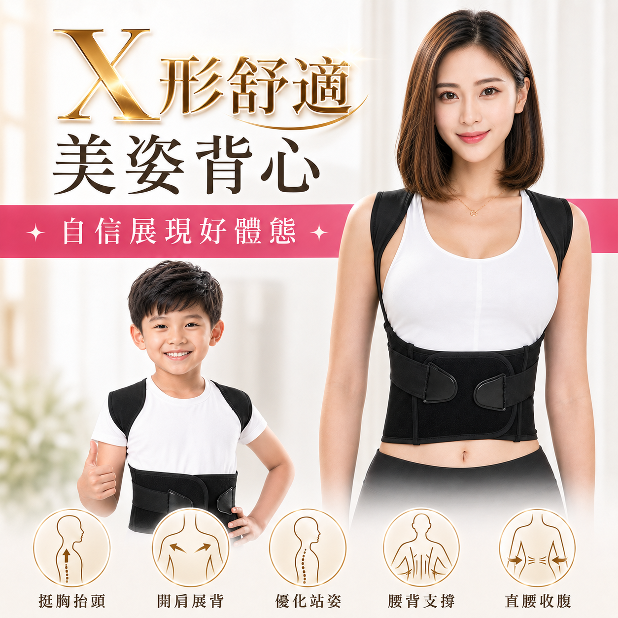 買一送一｜基礎款挺胸束腹美姿美儀防駝背心(黑色)C06