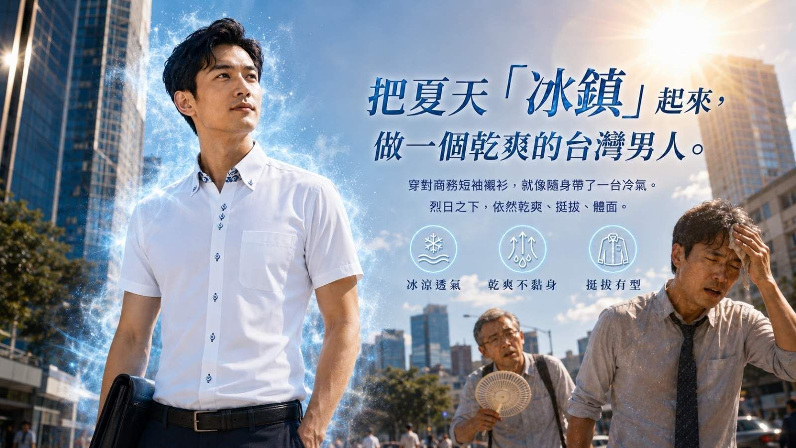 商務人士在炎熱夏天穿著一般襯衫流汗悶熱的痛點示意圖，對比透氣機能短袖襯衫帶來的乾爽舒適與專業形象。
