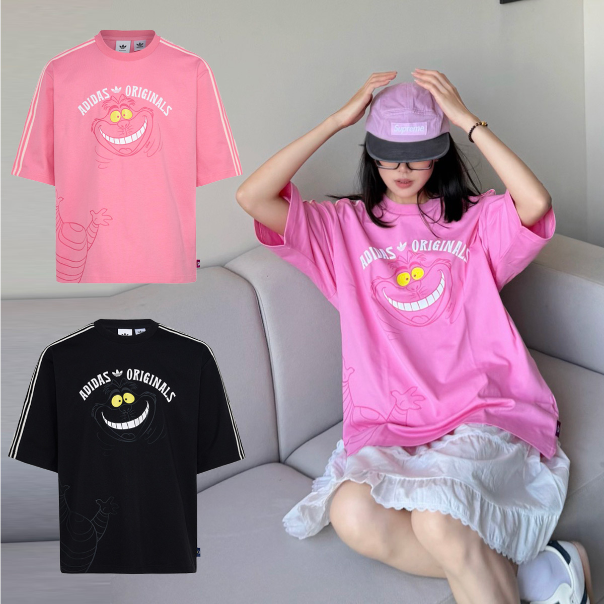 男女款 ADIDAS X DISNEY U TEE SS 黑 粉 柴郡貓 愛麗絲夢遊仙境 迪士尼 聯名款 五分袖 印花 寬鬆 三葉草 短T【KX5312/KY6270】ADLP