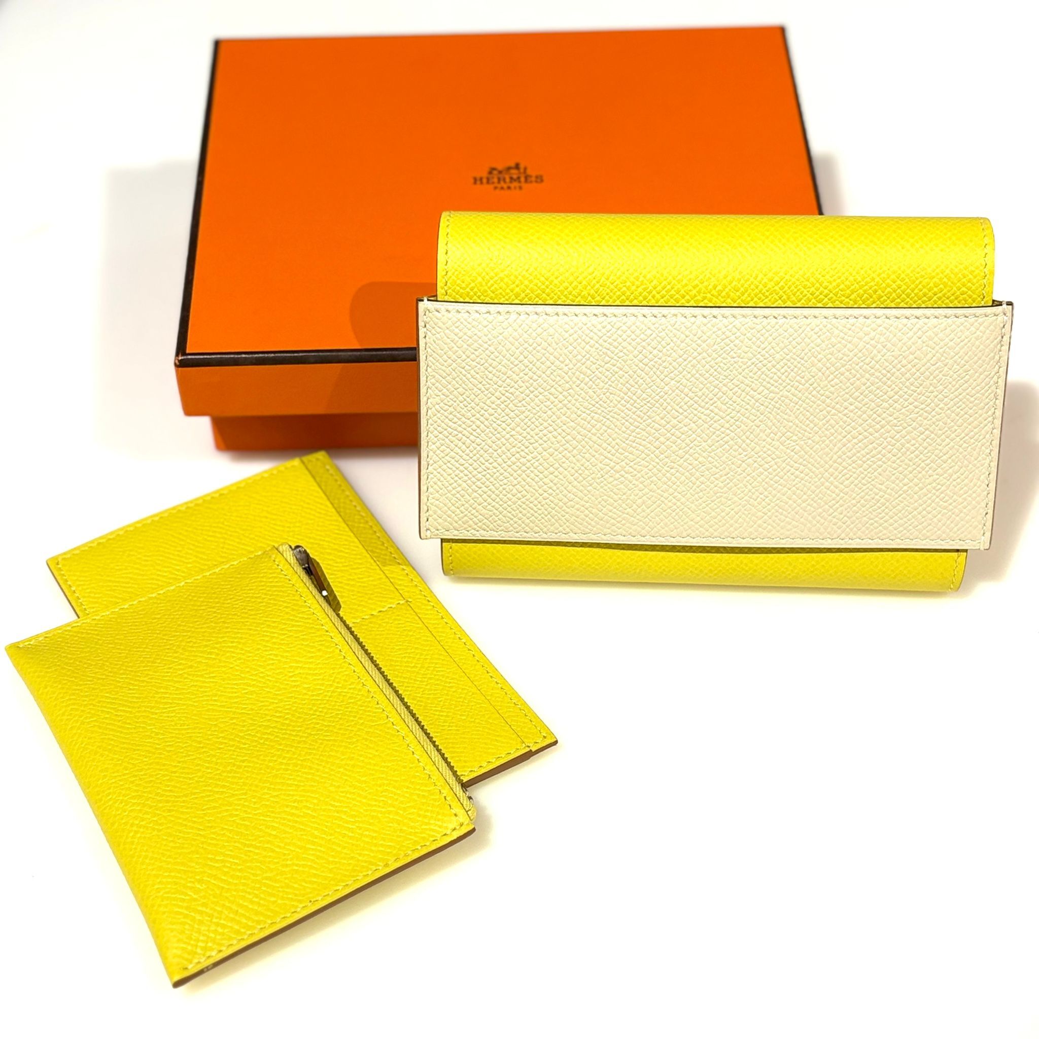 本週特價!!! 全新HERMES 銀包 萊姆黃/白色 EPSOM皮 A PASSANT COMPACT WALLET #BRAND NEW #香榭站正品