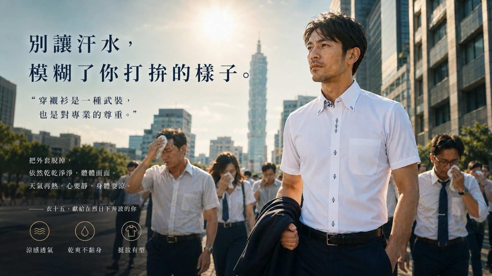 E15夏季最佳選擇短袖襯衫，結合乾爽降溫與吸濕排汗雙重功能，採用德國Cool EX與瑞士Smart Temp雙技術，解決上班族流汗浹背困擾。
