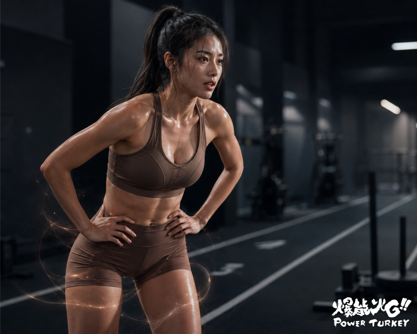 年輕女性運動員在 HYROX 訓練場後半段喘息並穩住節奏,呈現高強度運動後段續航與火雞雙肌肽補給概念_爆能火G_趕食髦部落格