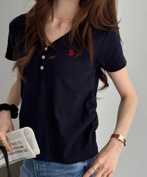 <限時預購> U.S. POLO ASSN. x GeeRA  V領羅紋 鈕扣 修身 涼感 上衣 三色