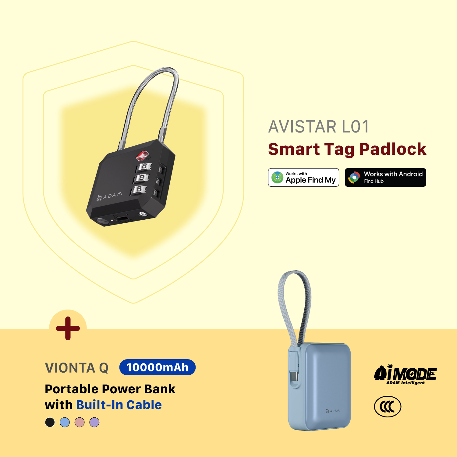 AVISTAR L01 Smart Tag Padlock + VIONTA Q Portable Power Bank with Built-In Cable